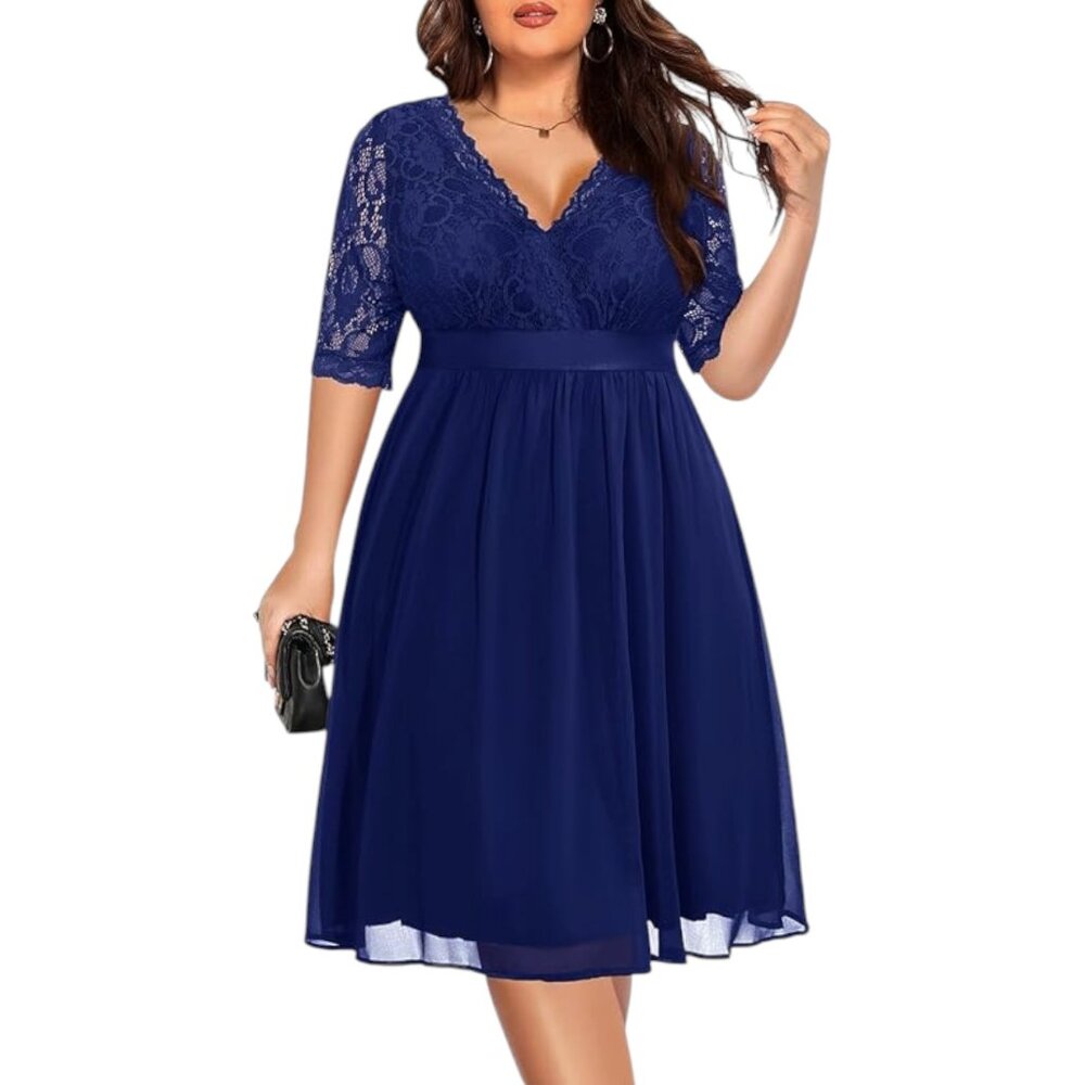 Banded Waist Navy Blue Plus Size Lace & Chiffon Dress 💙✨